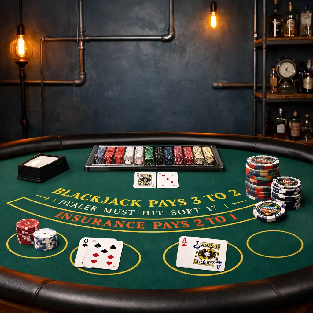 Pełne wyposażenie stołu do blackjacka w industrialnej przestrzeni loftowej z zielonym suknem i żetonami pamiątkowymi