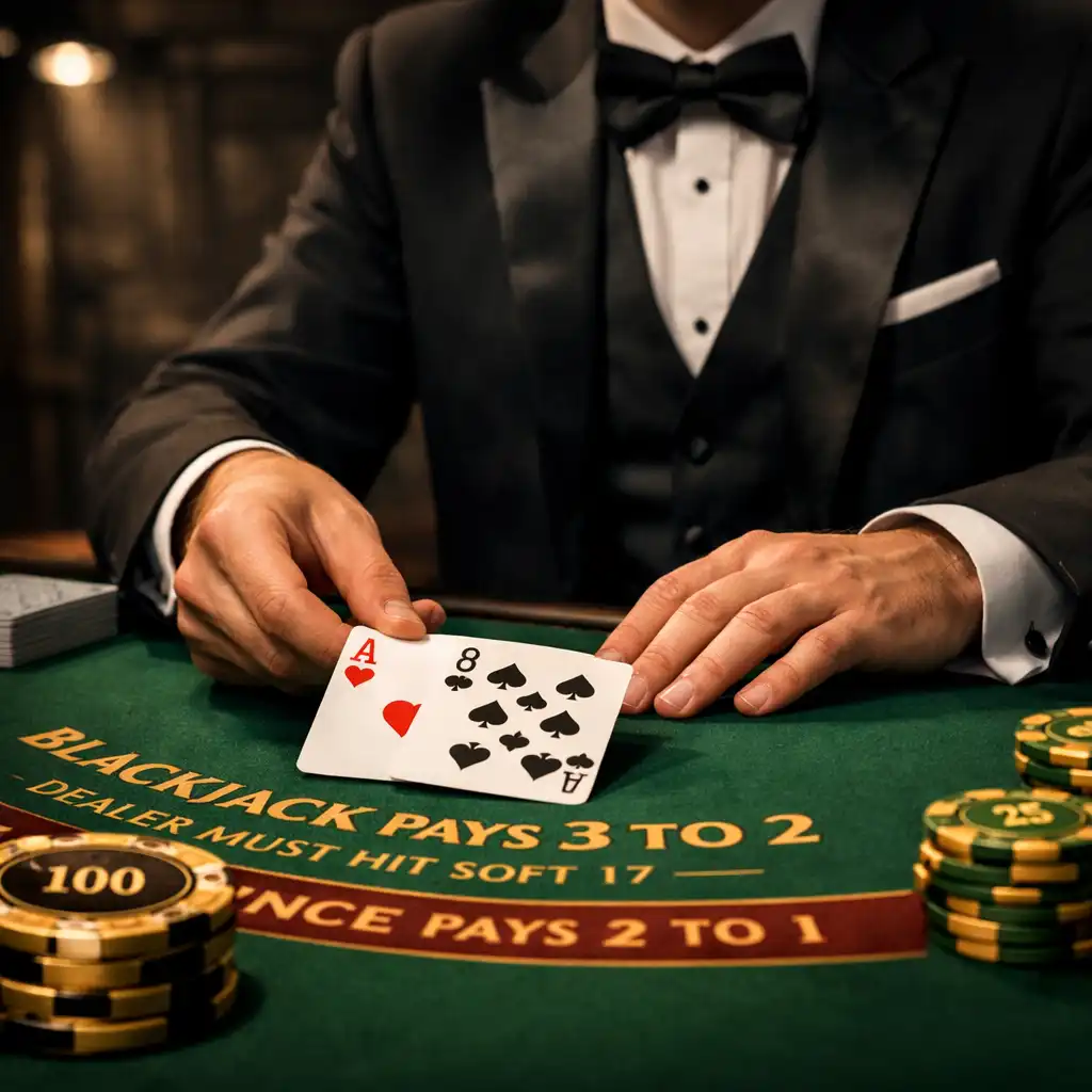Profesjonalny krupier przy stole do blackjacka z żetonami pamiątkowymi