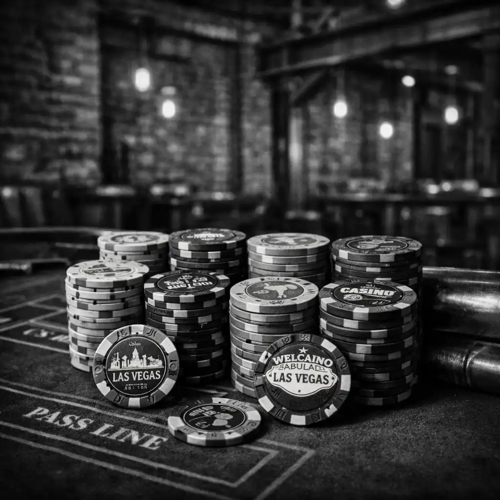 Stół pokerowe z zielonym suknem i pamiątkowymi żetonami w industrialnej hali
