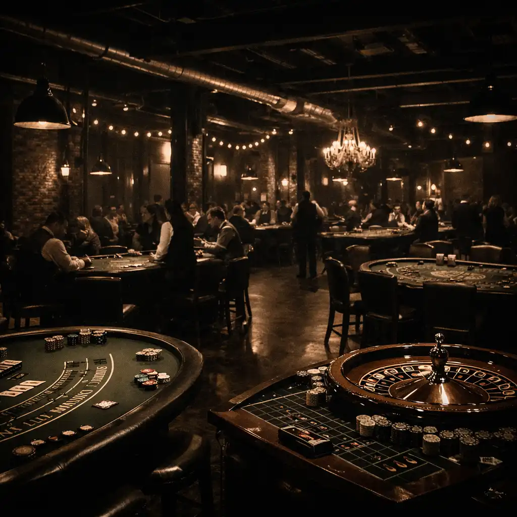 Widok na kilka stołów poker w industrialnym wnętrzu z bursztynowym oświetleniem