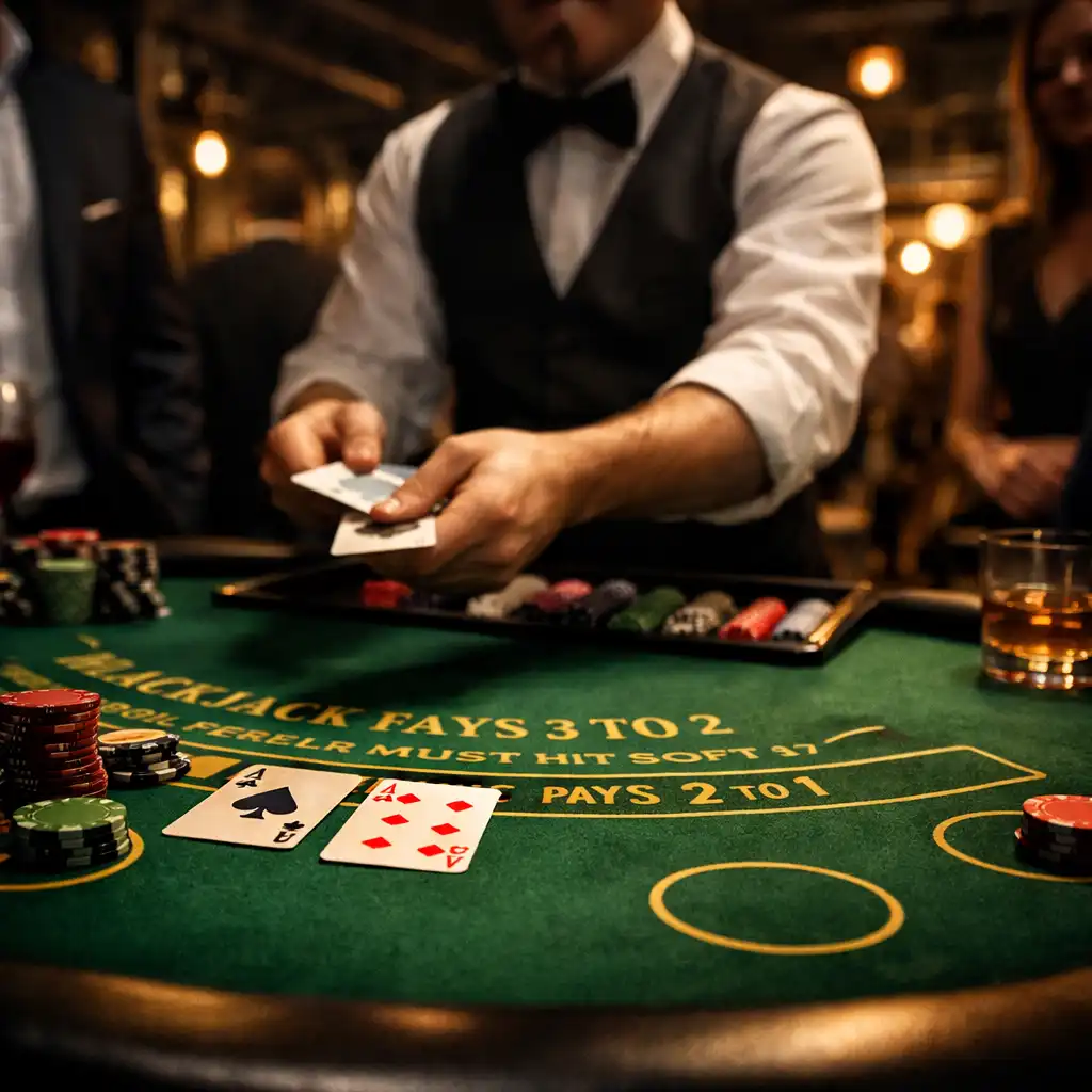 Stół do blackjacka podczas firmowej gali integracyjnej z krupierem i gośćmi