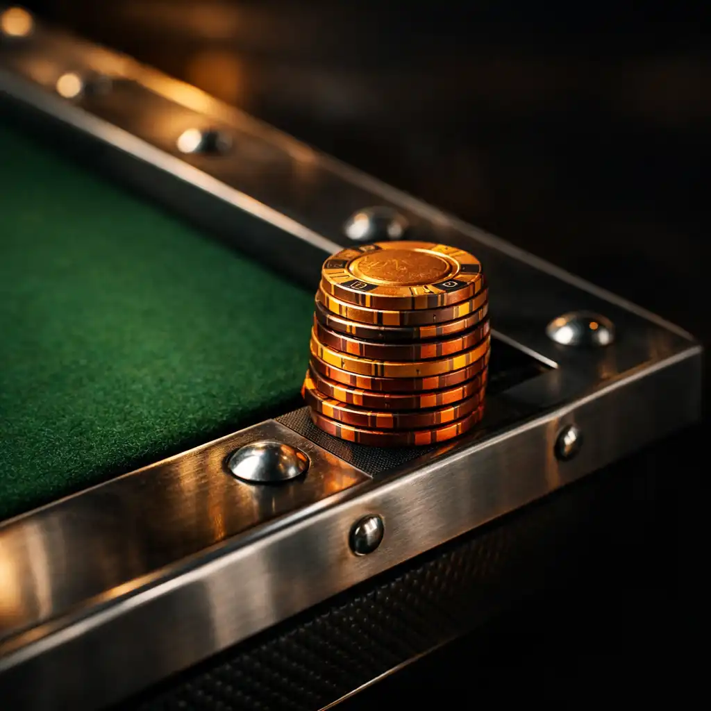 Detal industrialnej produkcji: stalowa rama, zielony filc stołu poker i żetony pamiątkowe w bursztynowym świetle