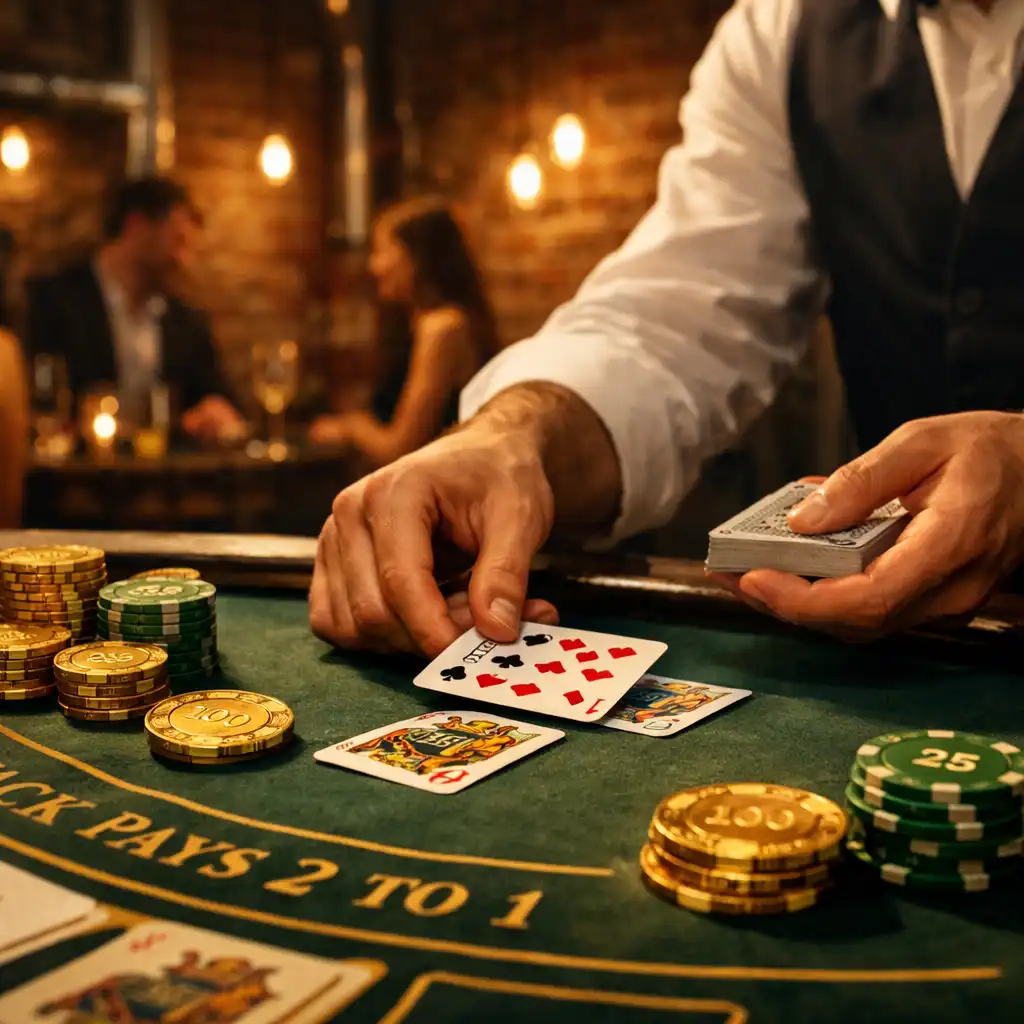 Stół do blackjacka w industrialnym lofcie z żetonami pamiątkowymi i kartami