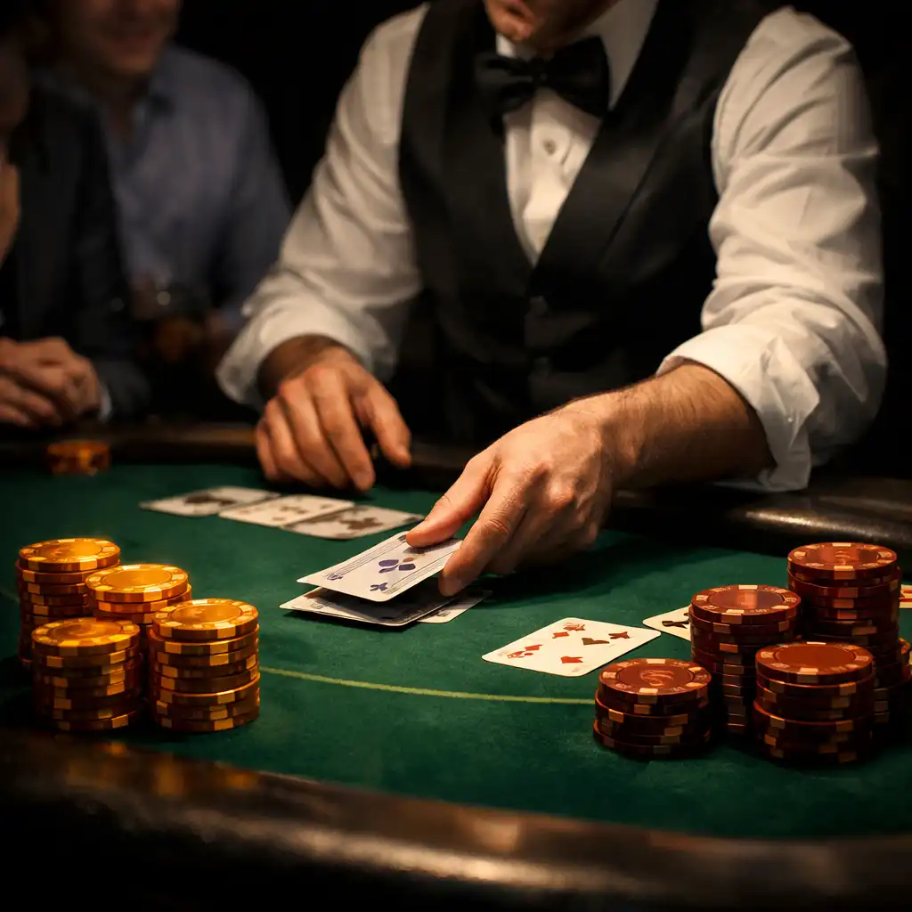 Krupier rozdaje karty przy stole poker podczas firmowego eventu