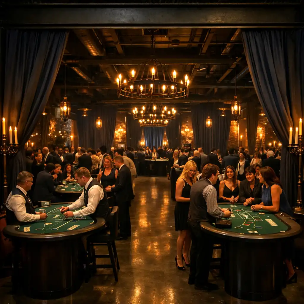Przestrzeń eventowa z wieloma stołami poker i gośćmi