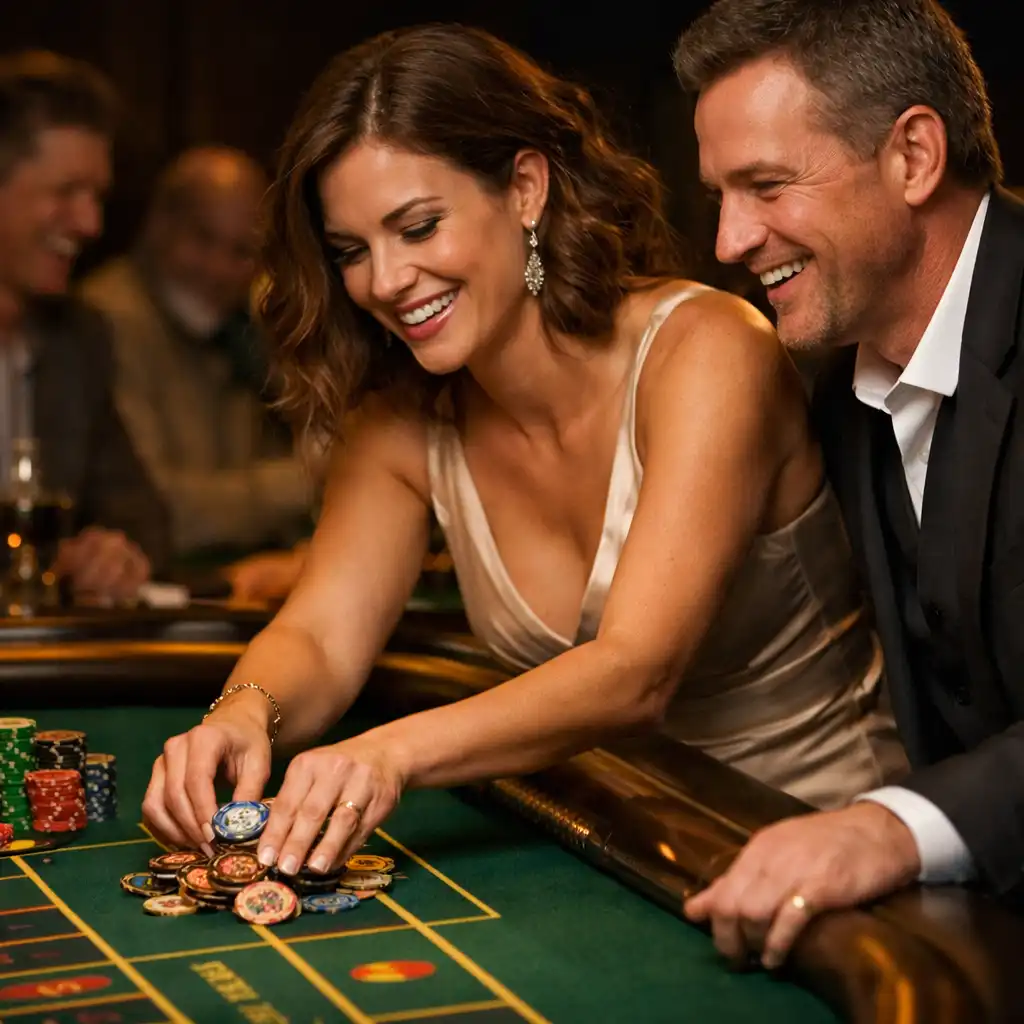 Goście śmiejący się przy stole poker
