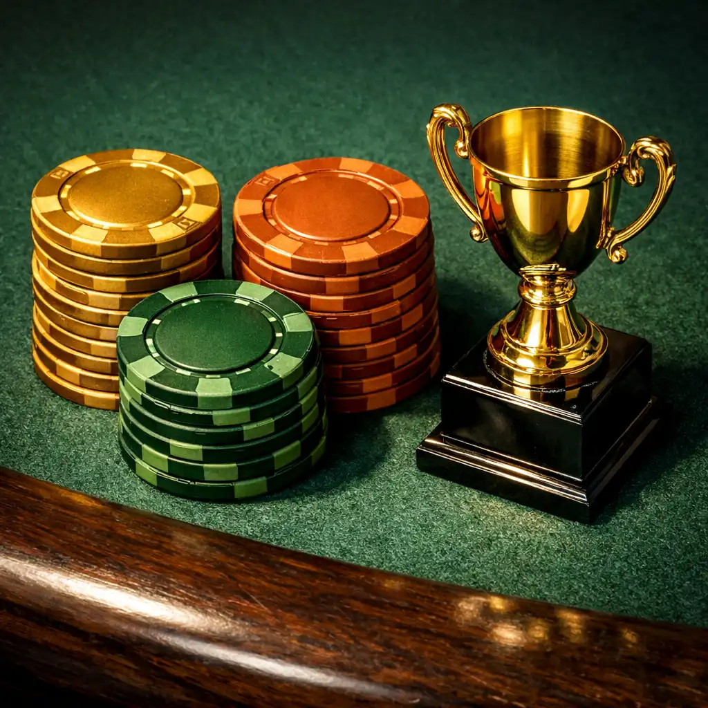Pamiątkowe żetony i trofeum na stole poker